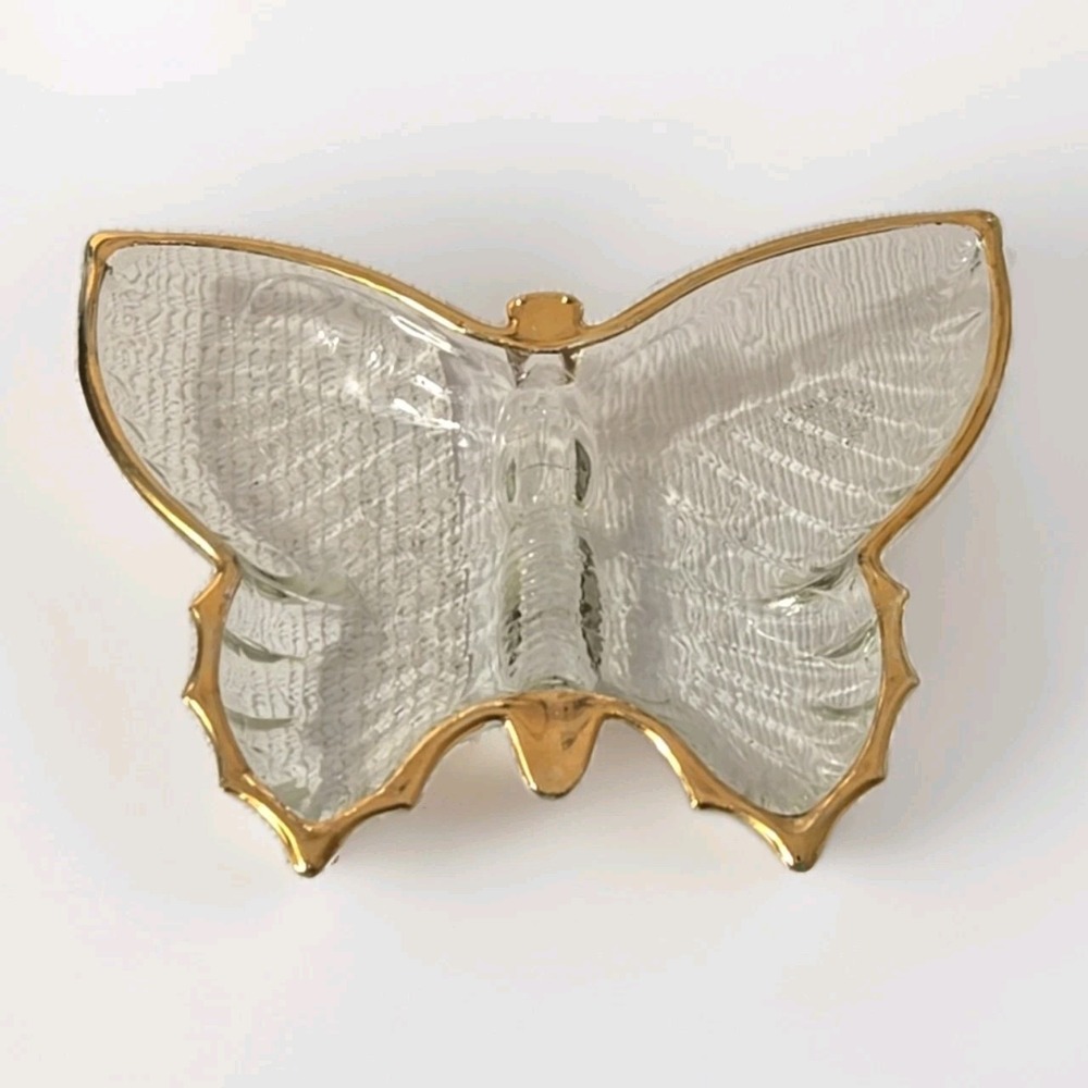 VTG Jeannette Glass Butterfly Trinket Dish MCM Clear Gold Trim Candy Bowl USA 8"